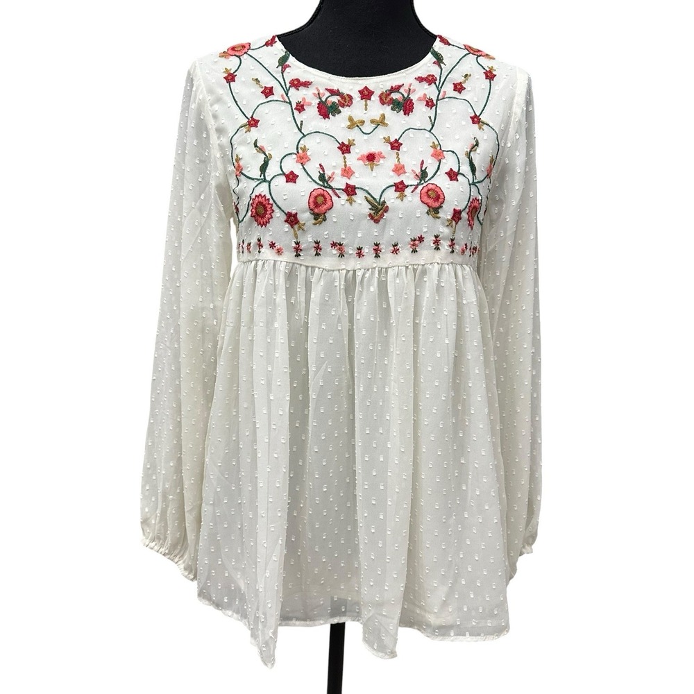 Japana Women's Size Small Ivory Sheer Lined Babydoll Top Tiered Long Sleeve